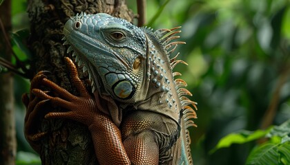 Fototapeta premium High-Resolution Close-Up of an Iguana Clinging to a Tree in the Jungle