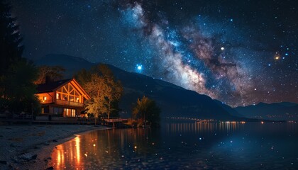 Fototapeta premium Cozy Cabin by the Lakeside Under a Starry Night Sky