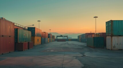 Fototapeta premium An empty shipping container yard at dawn, with the raw photo capturing the quiet, expansive space and early morning light