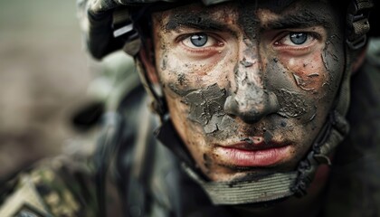 Fototapeta premium Intense Portrait of a Modern Soldier Wearing Camouflage Face Paint