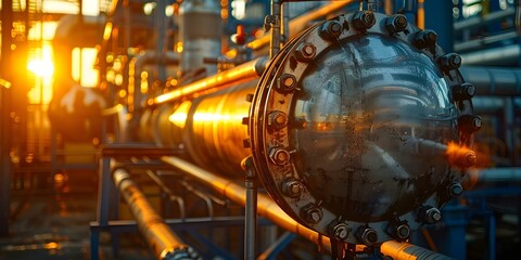 Closeup of industrial furnace heat exchanger in a petrochemical plant at sunset. Concept Industrial Equipment, Petrochemical Plant, Sunset, Closeup Photography, Heat Exchanger