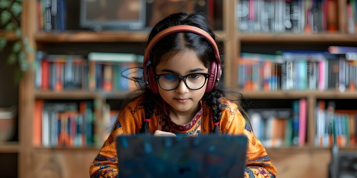 Indian girl in headphones attending virtual class on laptop. Concept Indian Girl, Headphones, Virtual Class, Laptop, Education