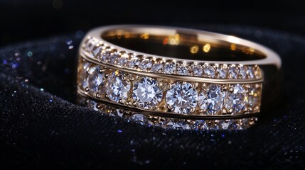 A luxurious gold ring adorned with sparkling diamonds, set against a black velvet background, highlighting its elegance and brilliance