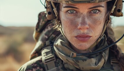 Obraz premium Portrait of a Female Modern Soldier During a Mission in the Desert
