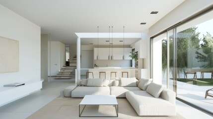 A minimal and clean interior of a modern white house, featuring sleek furniture and architectural simplicity that exudes contemporary elegance