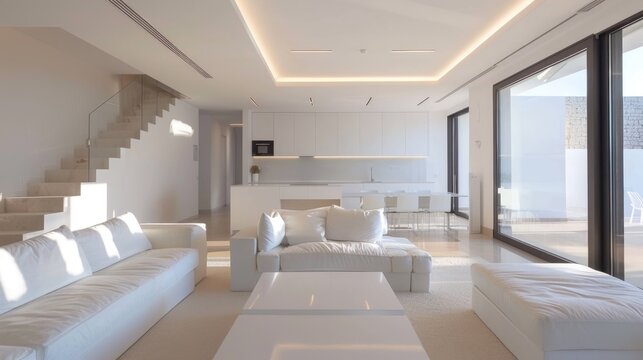 A minimal and clean interior of a modern white house, featuring sleek furniture and architectural simplicity that exudes contemporary elegance