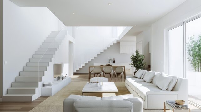 A minimal and clean interior of a modern white house, featuring sleek furniture and architectural simplicity that exudes contemporary elegance