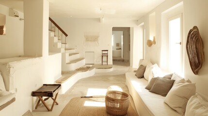 An inviting and minimalistic lounge area in a white house, featuring comfortable seating, minimalist decor, and a serene ambiance