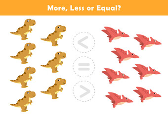 Comparison Worksheet with Cute Cartoon Dino for Kids. Counting Games for Preschoolers. More or Less Worksheet for Kindergarten. © G.rena