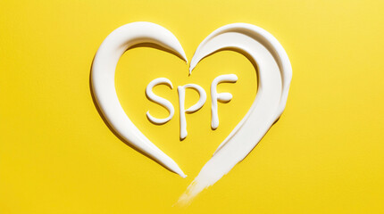 SPF word shaped like heart made of sunscreen cream on yellow background. SPF cream for safe sunbathing and sun protection