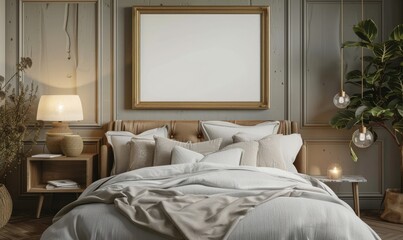 Elegant bedroom with an empty frame on the nightstand