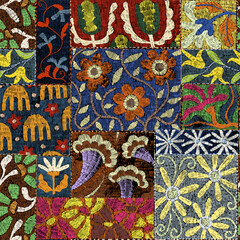 Seamless pattern in patchwork style. Ornament for blankets, carpets. Grunge texture. Vector illustration.