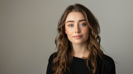 Fototapeta premium A studio portrait of a young woman presenter, photographed against a plain background to highlight her expressive features and confident demeanor