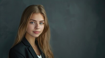 Fototapeta premium A captivating portrait of a young female presenter against a solid backdrop, showcasing her professionalism and engaging personality