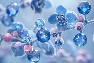 delicate Silver brooch with sapphire gems in the shape of blue berries, with white leaves and diamonds, soft pastel white, blue background