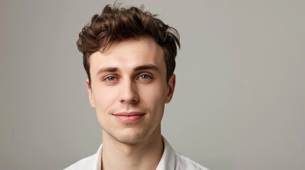 Obraz premium An elegant headshot of a confident young man presenter against a neutral background, highlighting his articulate expression and ability to connect with the audience