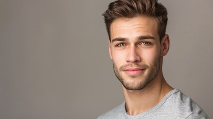Obraz premium An elegant headshot of a confident young man presenter against a neutral background, highlighting his articulate expression and ability to connect with the audience