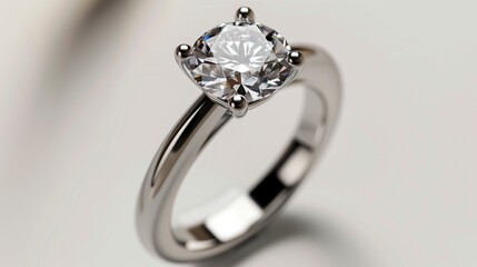 A modern solitaire diamond engagement ring with a brilliant diamond, isolated on a white background, capturing its sparkle and elegance