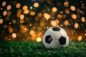 Fototapeta premium Soccer Ball on Grass with Festive Bokeh Lights Background