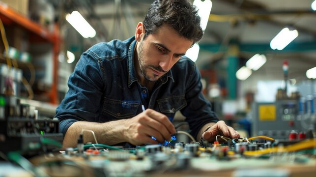 A dynamic angle raw photo of an electric technician working with circuitry, demonstrating technical prowess and concentration in a workshop environment