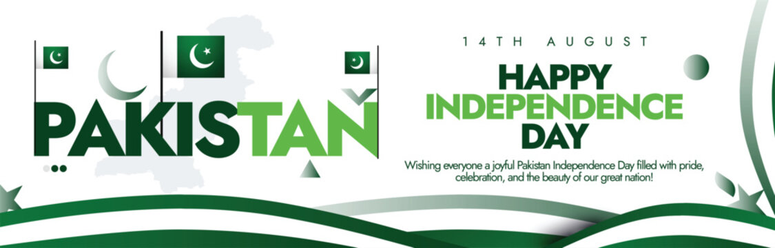Pakistan Independence Day, 14th August celebration cover banner. Pakistan Independence day social media post with its flags, silhouette map and abstract art design in flag colours white and green. 