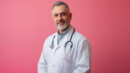 A raw photo of a doctor in professional attire against a solid color background, conveying confidence and expertise in healthcare