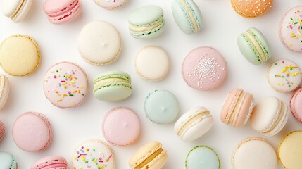 Fototapeta premium A variety of macarons with different flavors and colors are arranged on a white surface