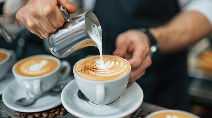 A dynamic angle raw photo of a barista frothing milk for cappuccino, with coffee cups and saucers in the background, illustrating craftsmanship and cafe ambiance