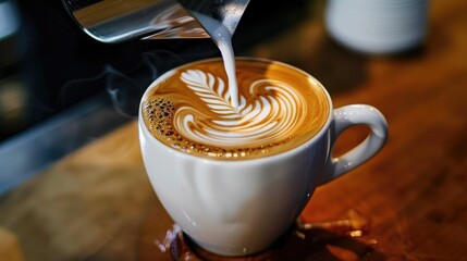 An authentic image of a barista pouring latte art, captured in a raw photo from a dynamic angle to showcase creativity and skill in coffee presentation