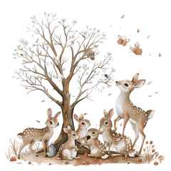 Woodland Deer Family with Squirrels and Birds, Hand-painted Watercolor Illustration, Isolated on Transparent Background, Perfect for Children's Books and Nursery Decor, Woodland Deer, Forest Scene