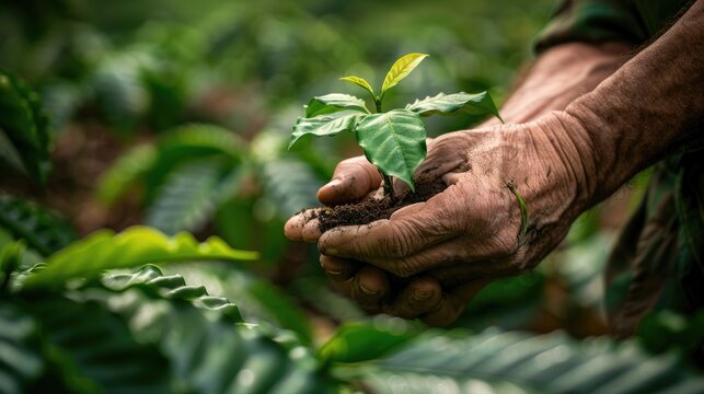 An authentic image of a framer holding a coffee plant seedling, captured in a raw photo from a dynamic angle amidst a coffee plantation, symbolizing sustainability and growth in agriculture