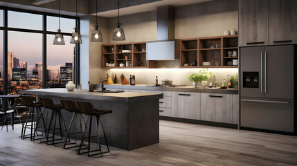 Design a contemporary urban kitchen with concrete countertops, stainless steel appliances, and sleek.