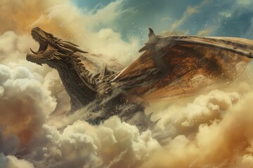 Obraz premium An epic portrayal of a dragon roaring amidst billowing clouds, captured from a dynamic angle to highlight its legendary and awe-inspiring stature