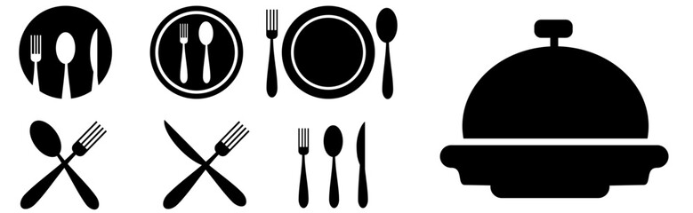Catering icon set. Containing fork, spoon, knife, plate, cloche, tray, chef hat, beverage, food, dining table, and waiter. Cutlery or tableware in restaurant, kitchen.
