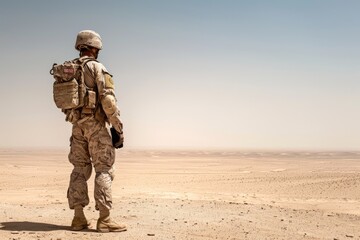 A soldier stands resolutely in a vast desert under a clear sky, captured in a raw photo that emphasizes the harsh environment and the soldier's determination.