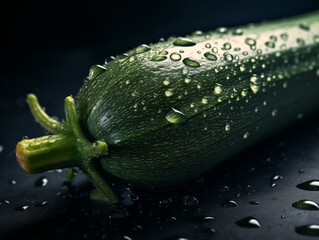 A green zucchini with a stem is sitting on a table with water droplets on it