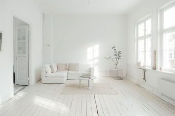 A minimal living room featuring white walls and simple furniture, captured in a raw photo that highlights the clean and uncluttered design.