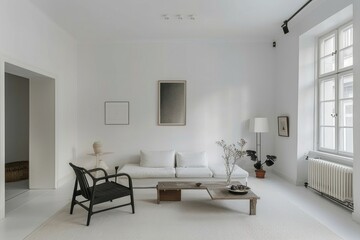 Fototapeta premium A minimal living room featuring white walls and simple furniture, captured in a raw photo that highlights the clean and uncluttered design.