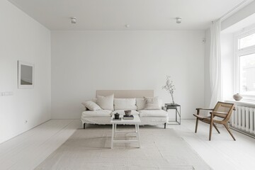 A minimal living room featuring white walls and simple furniture, captured in a raw photo that highlights the clean and uncluttered design.