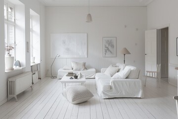 Fototapeta premium A bright, minimalistic living room with white dÃ©cor and a few essential furnishings, photographed in raw style to emphasize the simplicity and natural light.