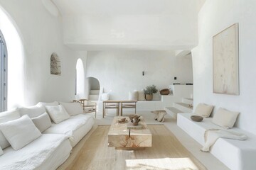A serene living room with white walls, minimal furniture, and a few carefully chosen accents. The raw photo highlights the purity and simplicity of the space.