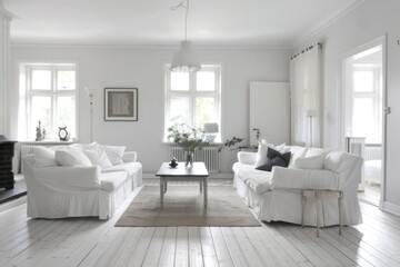 Fototapeta premium A bright and clean living room with white furnishings and minimal decor. The raw photo captures the unembellished and tranquil atmosphere.