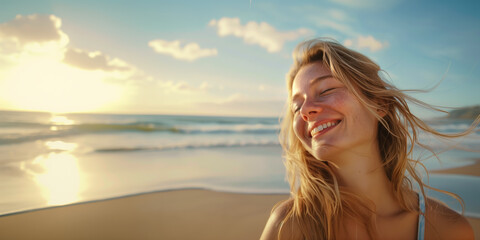 Naklejka premium Smiling young woman on beach at sunset, happy free relaxed, feeling well enjoying ocean air