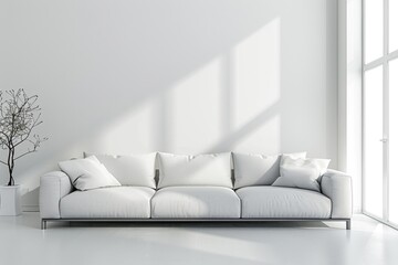 An elegant, minimalist living room with a white color palette, featuring a sleek sofa and minimal decor. The raw photo enhances the room's clean and open feel.