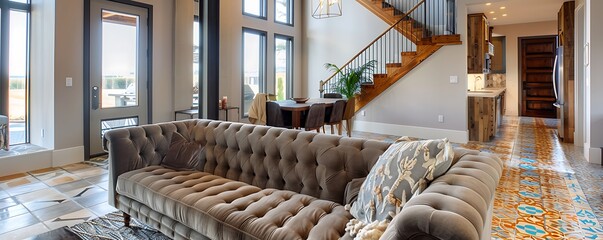 Living Room in Open Concept New Luxury Home with View of Entry, Kitchen, and Second Floor featuring a velvet taupe sofa, artistic wooden staircase, and colorful tile flooring. 