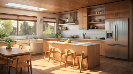 Design a sustainable kitchen with eco-friendly materials, energy-efficient appliances, and natural lighting