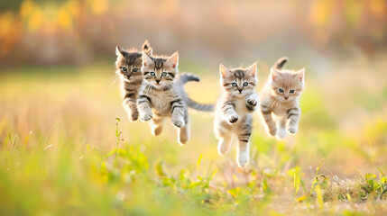 Three mischievous kittens frolicking and dashing through a lush green meadow their playful energy and carefree spirits captured in a blurred natural backdrop