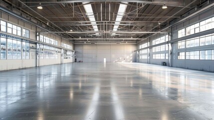 Obraz premium A spacious, pristine smart warehouse with high ceilings and ample natural light streaming through large windows. The clean floors and organized layout emphasize its efficiency.