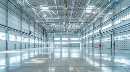 Obraz premium A spacious, pristine smart warehouse with high ceilings and ample natural light streaming through large windows. The clean floors and organized layout emphasize its efficiency.