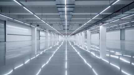 Obraz premium An immaculate smart warehouse with sleek, clean floors and bright lighting. The empty space is organized and optimized for modern storage solutions.